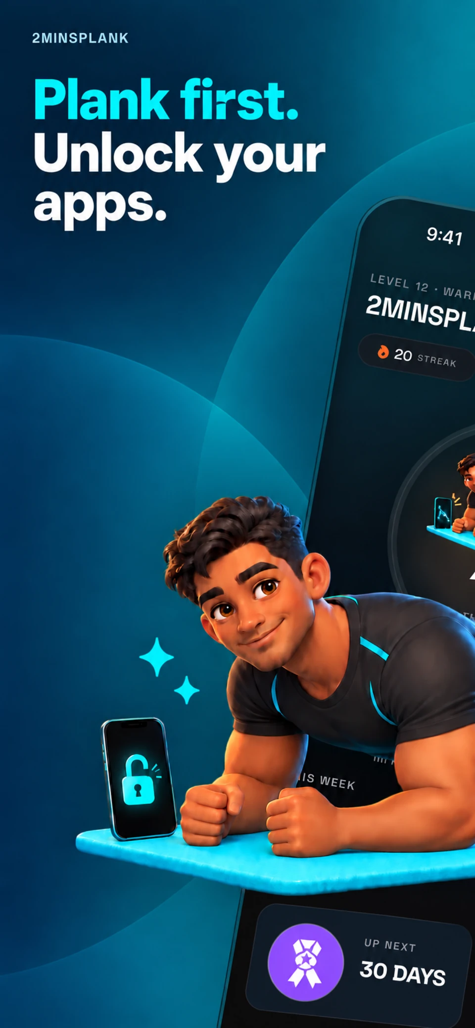 Plank first, unlock your apps: character planking beside the app dashboard