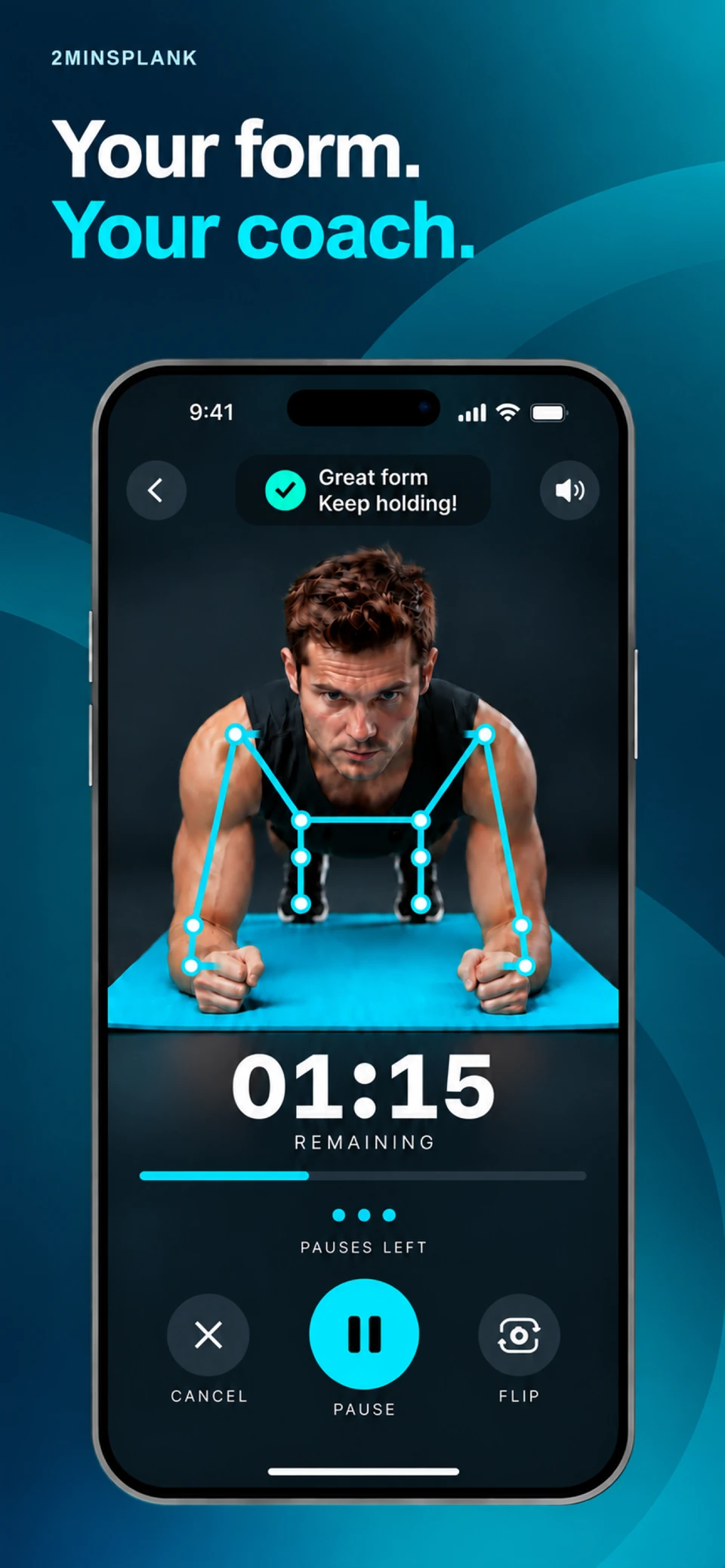 Coach App Store screenshot showing camera-based plank form feedback