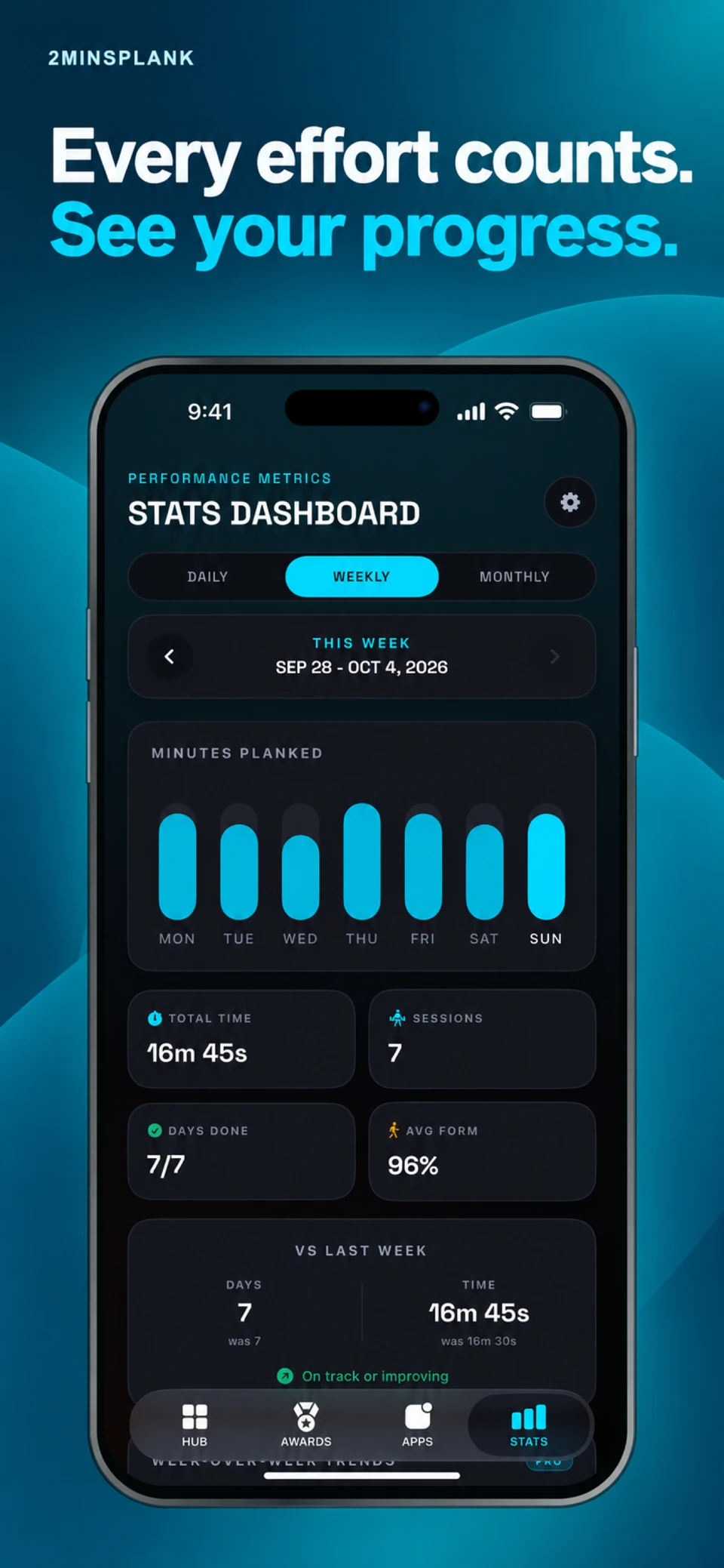 Stats App Store screenshot showing plank progress and workout statistics